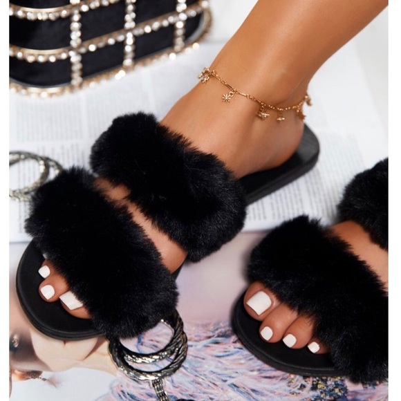 Shoes - Double Band Black Faux Fur Slides Sandal Slippers